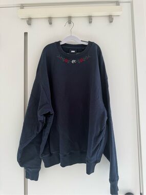 Kith Navy Crewneck Sweatshirt with Red Rose Embroidery